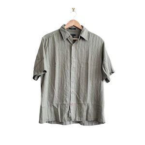 Claiborne Mens Silk Button Down Camp Shirt Casual Short Sleeve Green Large